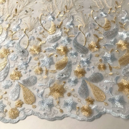 Embroidered Beaded Glitter Tulle PALE BLUE / GOLD