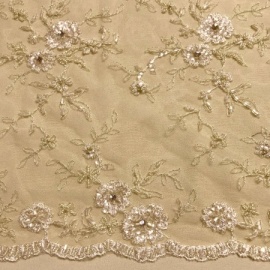 Embroidered Crystal Beaded Tulle PALE GOLD / IVORY