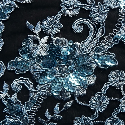 Embroidered Corded Sequin Tulle TURQUOISE / BLACK