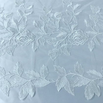 Embroidered Flower and Leaf Tulle WHITE