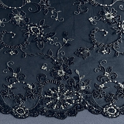 Ornate Beaded Sequin Tulle MIDNIGHT NAVY / PLATINUM