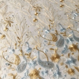 Embroidered Beaded Glitter Tulle PALE BLUE / GOLD