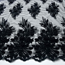 Ornate Heavily Beaded Corded Tulle BLACK