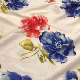 Stretch Printed Floral Taffeta  IVORY / BLUE / RED